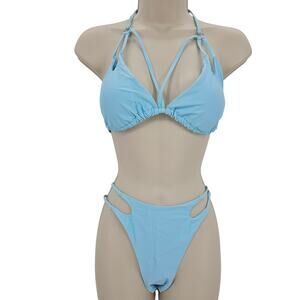 Zando Womans size L String Bikini Halter Tie Thong 2 Piece Swimsuit Blue NWOT